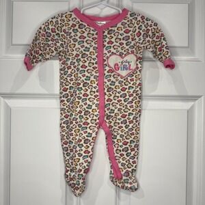 Baby Girl Leopard Print‎ Footed Pajamas Sleepers Snaps Pink Trim Size 3-6 Months